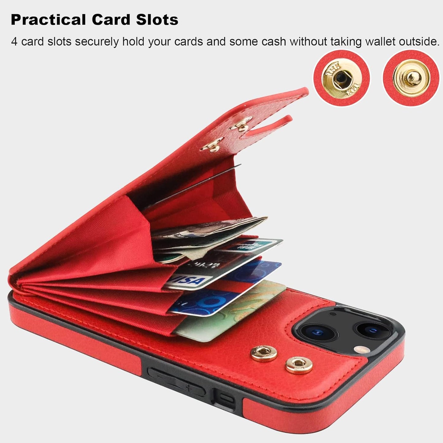 Folosu Compatible with iPhone 14 Case Wallet with Card Holder, 360°Rotation Finger Ring Holder Kickstand, RFID Blocking Leather Protective Double Buttons Shockproof Cover 6.1 Inch Red