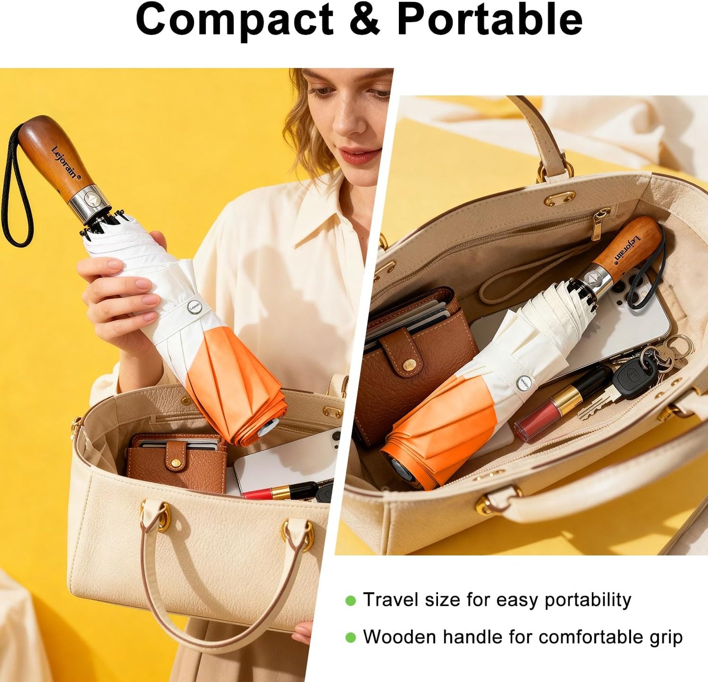 Lejorain Compact Golf Umbrella Large - 54inch Travel Big Portable Automatic Folding Umbrella Windproof for Men Heavy Duty 210T Dupont Teflon Coated Umbrella for Rain