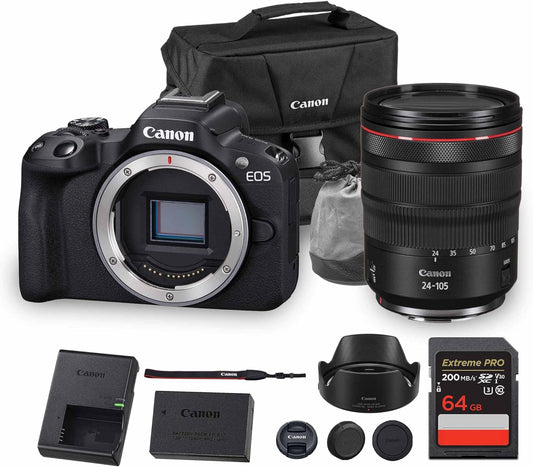 Canon EOS R50 Mirrorless Camera|24.2MP APS-C, 4K 30p Video, Dual Pixel AF II, 15fps Burst, Vari-Angle Screen, Compact Beginner Vlogging Camera(5811C002) + Canon RF 24-105mm f/4L Lens + Bag + 64GB Card