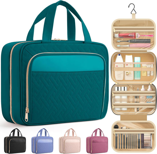 HOTOR Travel Toiletry Bag for Women & Men, Waterproof Makeup Bag with Hanging Hook and Multiple Pockets, Cosmetic Bags for Women, Travel Essentials, 11.2'' x 3.2'' x 8.9'', Teal