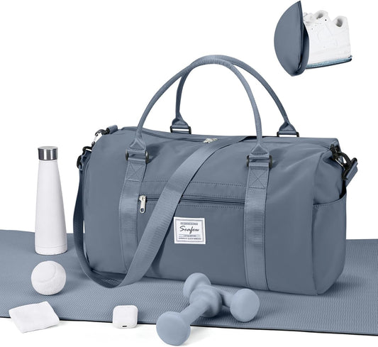 Gym Bag for Women Men with Shoes Compartment,Sports Duffle Bag Personal item travel Duffel Bags Tote Bag Small Carry on Weekender Overnight Bag Workout Dance Bag Hospital Holdalls Grey Blue
