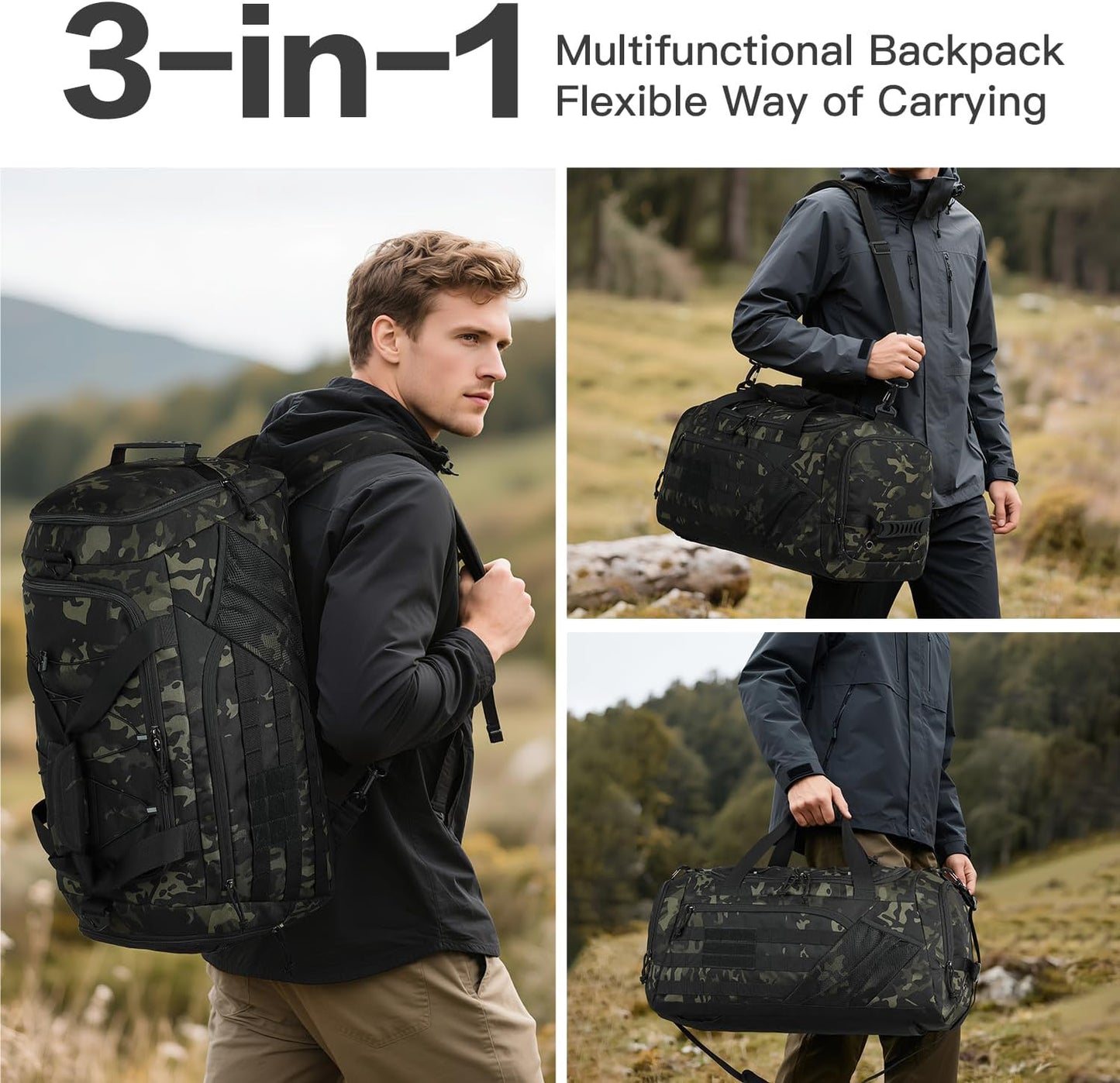 3-in-1 Tactical Gym & Travel Duffle Bag Backpack Men Multi-Functional 45L Military Sports Duffle Bag with Shoe Compartment & Wet Pocket for Workout Weekender Overnight Bag with Molle Webbing, Camo