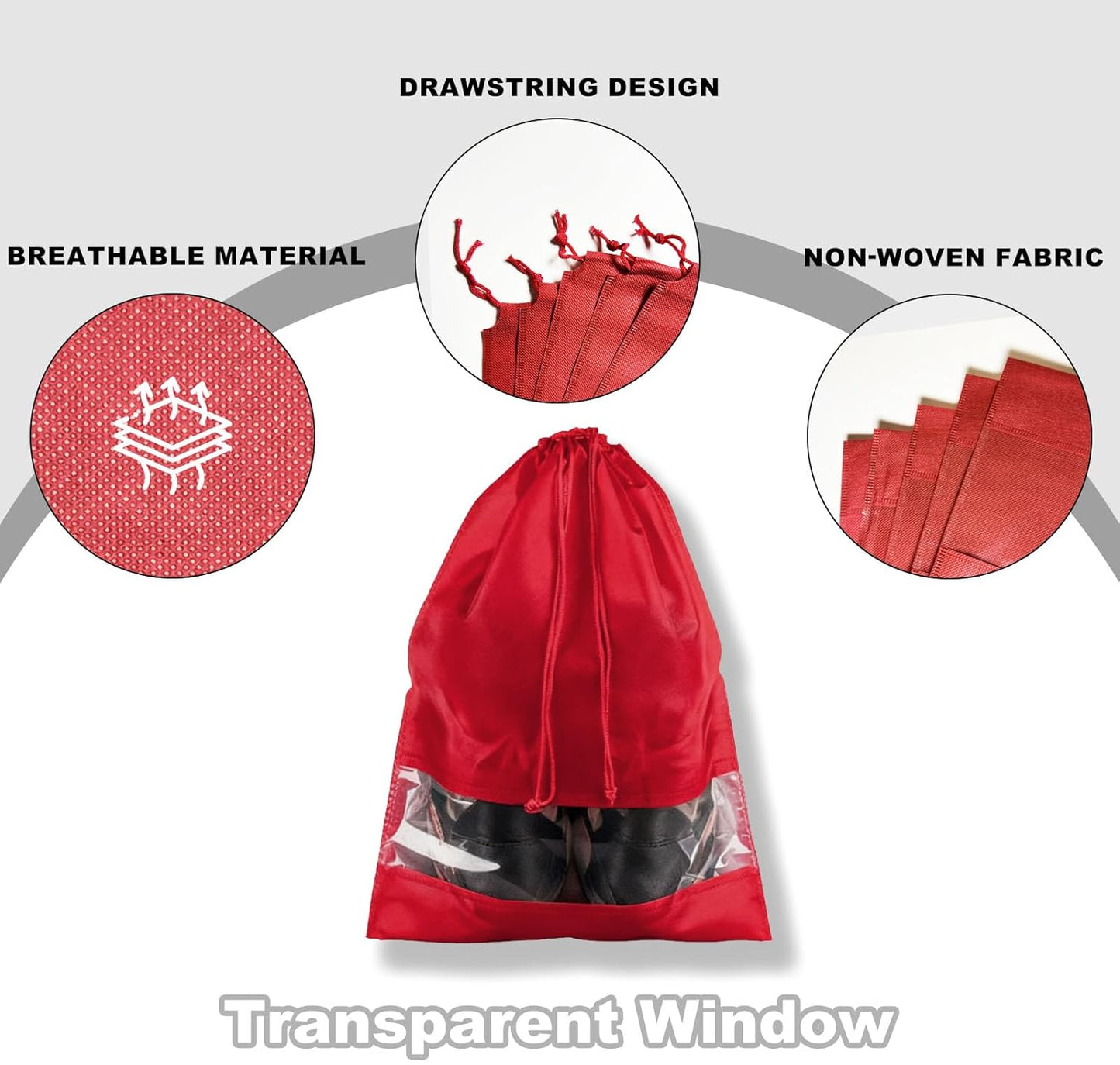 20 Pack Shoe Bags for Travel, 17" x 12.6" Drawstring Shoe Organizers with Clear Window, Breathable Non-Woven Dustproof Pouches for Luggage & Closet (Red)