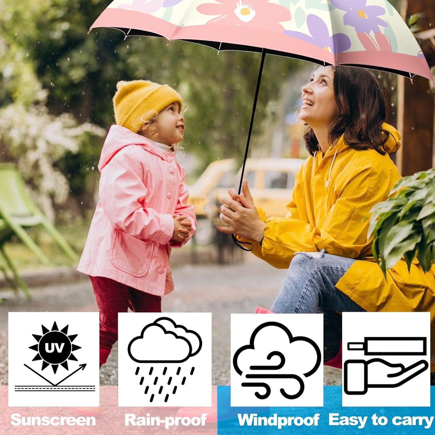 Small Travel Folding Umbrella for Girl, Portable, UV, SunShade, Compact, Automatic, Rain & Wind