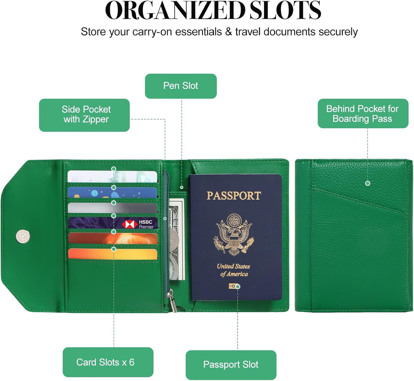 Leather Passport Holder for Travel,Rfid Passport Holder Protect Your Card Security,Passport Book Holder for Women,Travel Wallet with Cards & Pen Slots,Boarding Pass,Zipper Cash Pocket(Green)