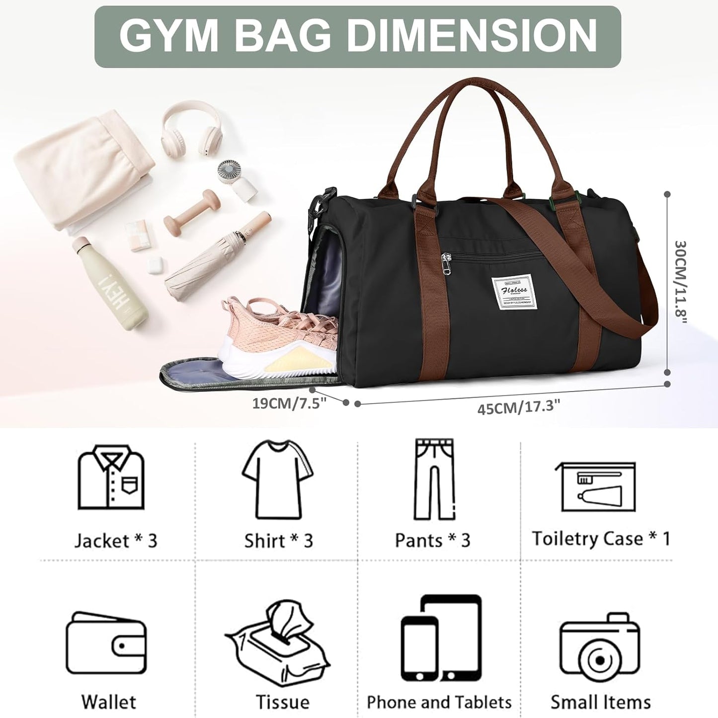 Gym Bag for Women with Shoes Compartment,Small Duffel Bag Sport bag with Toiletry Bag Overnight Travel Tote Bags Weekender Carry on Bag Personal Item Bags for Airlines Black Brown