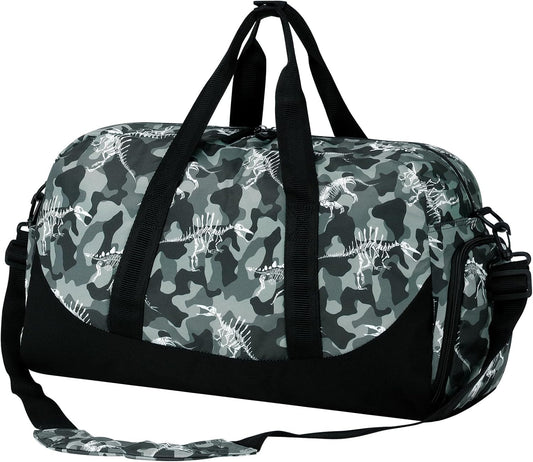 Choco Mocha Kids Dinosaur Weekend Duffle for Boys & Toddlers - Overnight & Sports Bag - Gray
