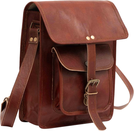 11" Brown Small Leather Messenger Bag Shoulder Bag Cross Body Vintage Messenger Bag For Women & Men Satchel Man Purse Compatible With Ipad & Tablet
