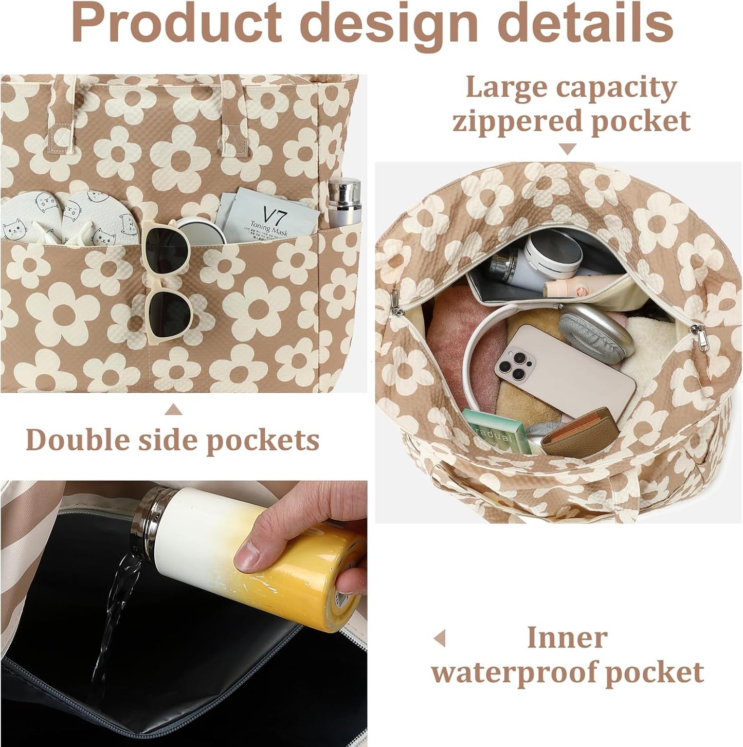 LEDAOU Beach Bag Waterproof Sandproof Women Tote Bag Pool Bag with Zipper for Gym Grocery Travel with Wet Pocket