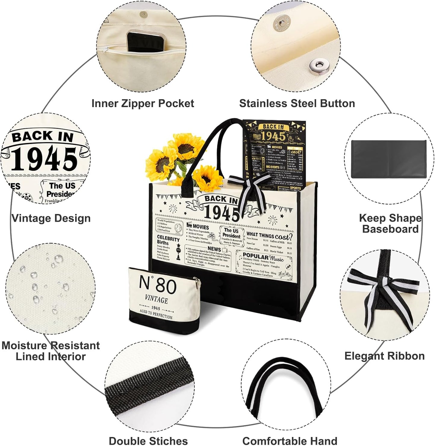 80th Birthday Gifts for Women Canvas Tote Bag Travel Gear, Unique 80 Years Old Gifts for Wife Sister Mom Aunt Friends Her, Vintage N°80 Handbag & Cosmetic Bag & Back in 1945 Poster