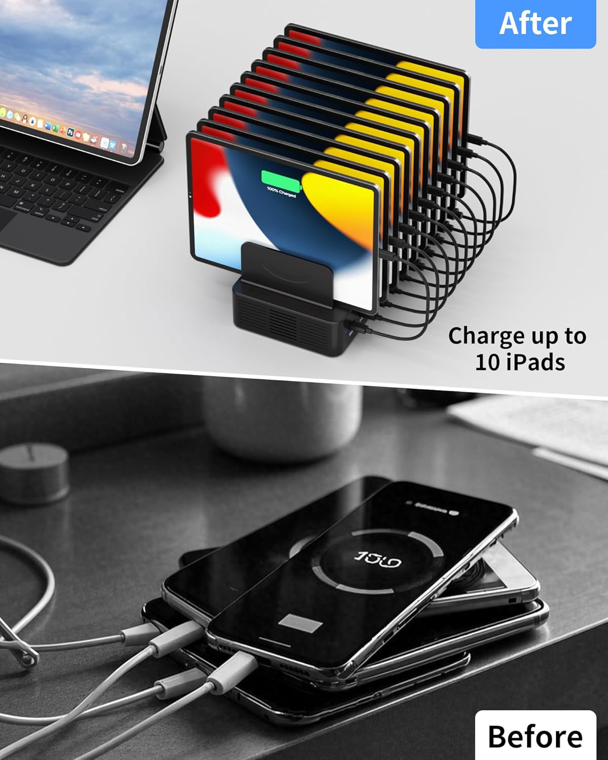 100W Charging Station for Multiple Devices, 10-Port USB Fast Charging Station with Adjustable Dividers & 10 Cables- Multi Device Organizer Charging Dock for iPhone, iPad, Tablets & More