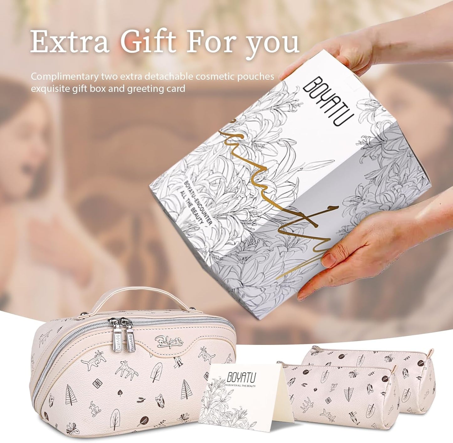 BOYATU Travel Makeup Bag Cosmetic Bags for Women: 3 Pcs Set Portable Make up Bag with Handle - Vegan Leather Toiletry Bags with Compartments - Makeup Organizer for Travel Essentials(L-4-White)