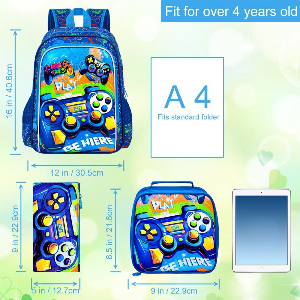 16" Gamer Backpack for Boy, 3Pcs Gaming Kids Bookbag for Elementary Preschool Kindergarten, School Backpacks with Lunch Box(Blue)