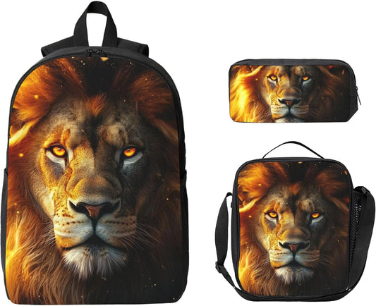 Lion Kid Backpack Set with Lunch Bag & Pencil Case Large Capacity School Bag 17 Inch Bookbag for Boy Girl