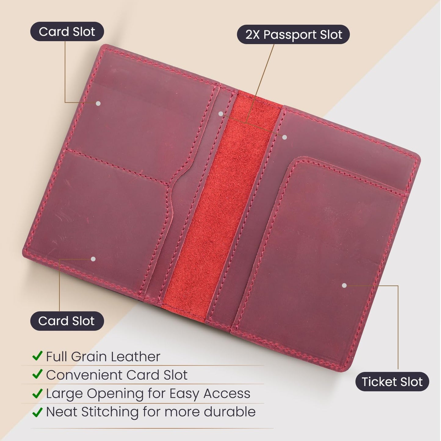 Leather Passport Holder with Travel Wallet, Genuine Leather Passport Cover- Passport Wallet, Leather Folding Wallet for Passports (Straight Cut, Red)