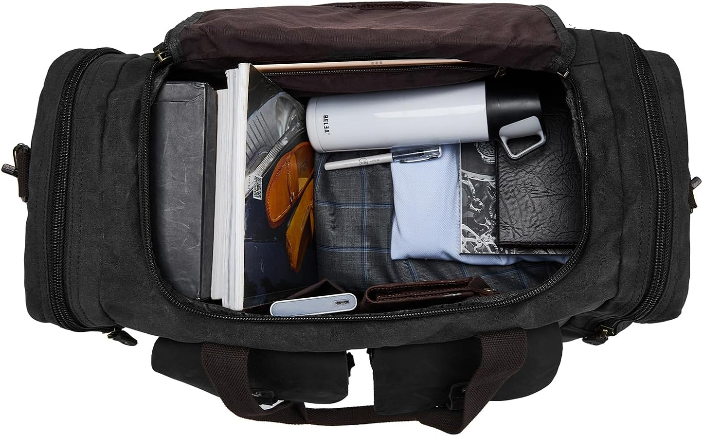 Waxed Canvas Vintage Overnight Duffel Weekend Travel Bag Waterproof For Men Women with Shoes Compartment (Black)