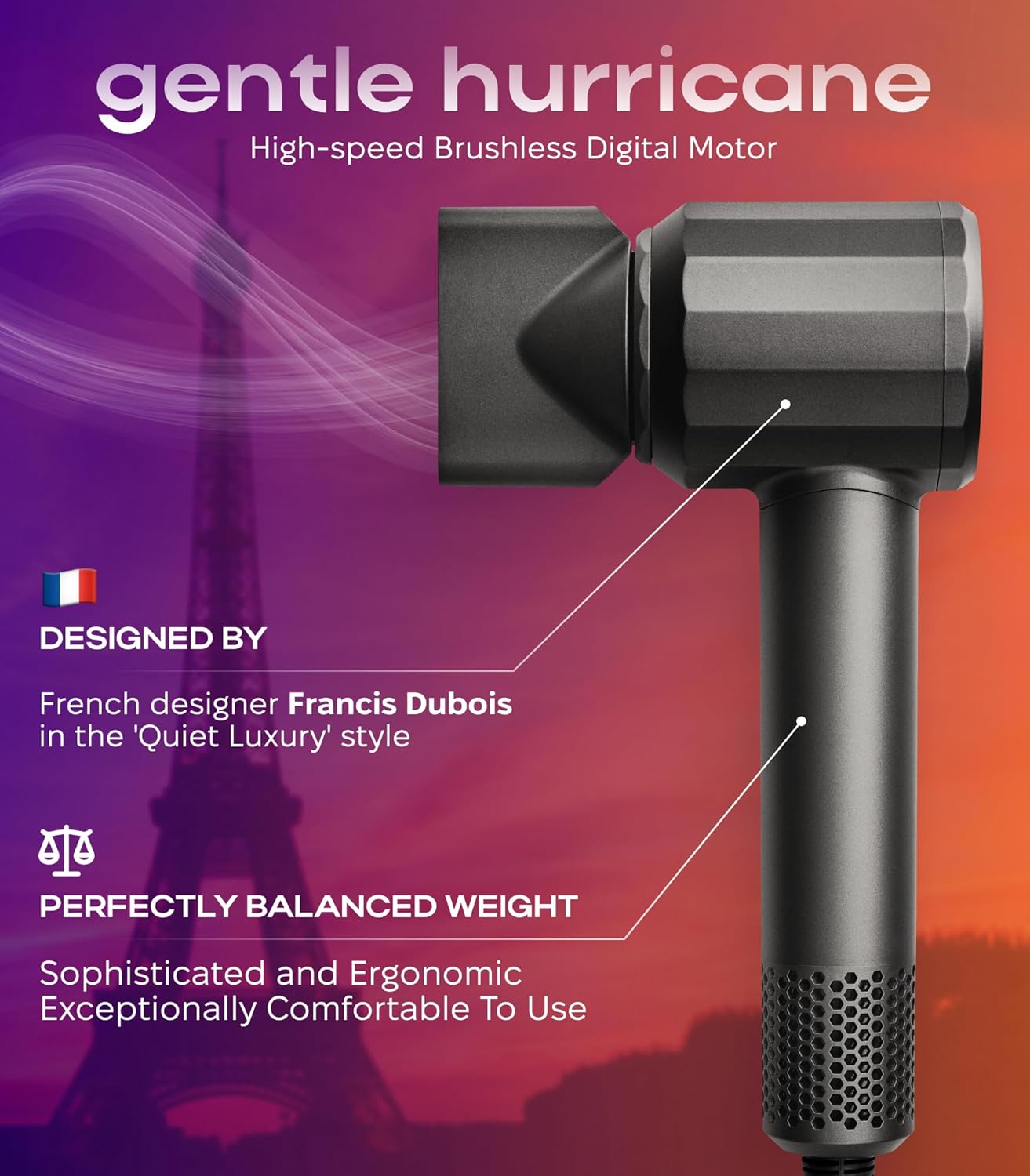 Ionic Hair Dryer Premium Quality, High-Speed Professional Brushless Motor 110,000 RPM, 1600W Power, 9 ft Long Cord and Magnetic Nozzle, Lightweight Blow Dryer, Ultra Quiet Fast Drying (Gray)