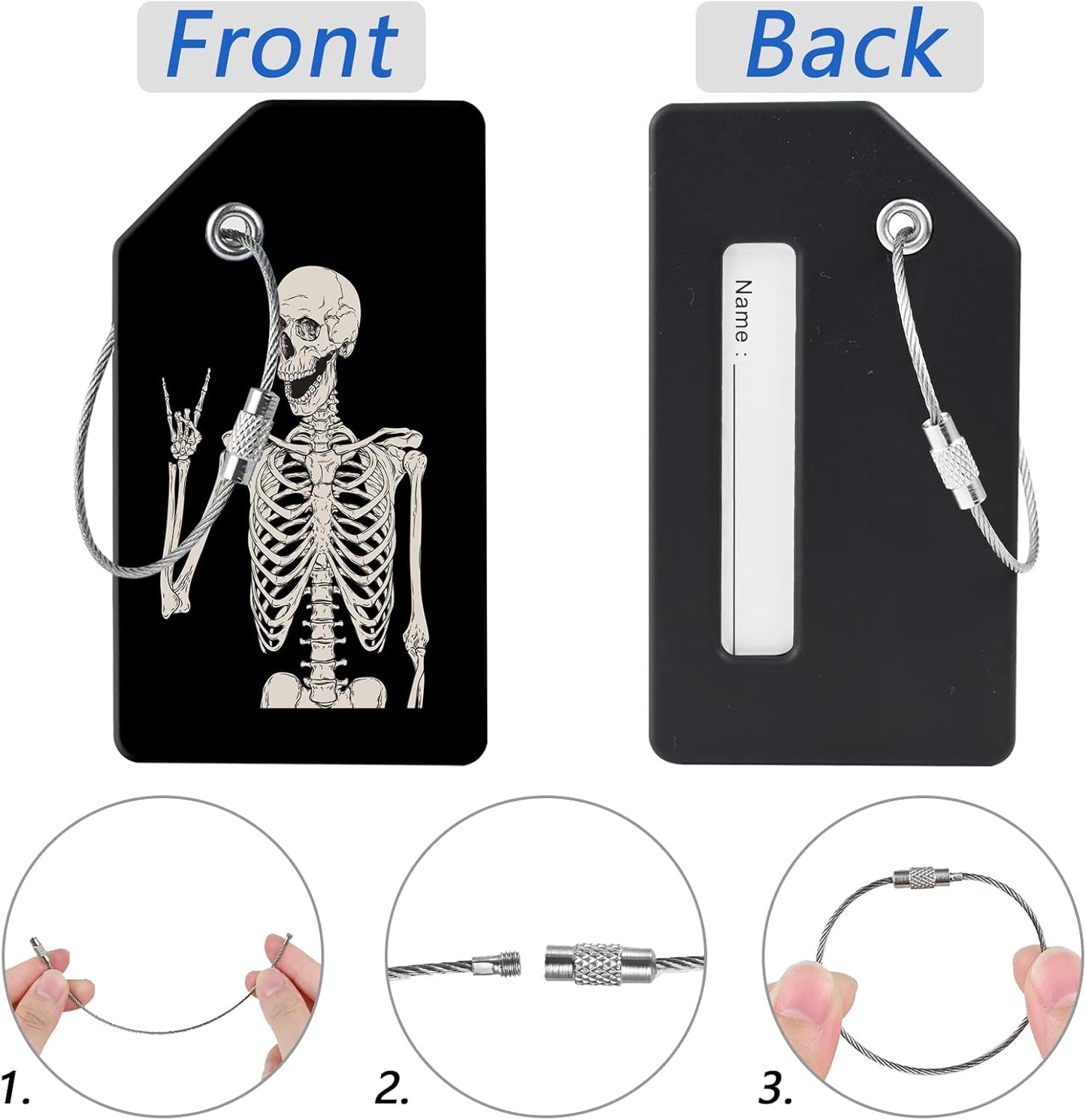 2 Luggage Tags, (1" Smaller Than Traditional) Perfect for Quick Luggage Identification with Stainless Steel Ring and Address Card for Travel and Luggage (Skull)