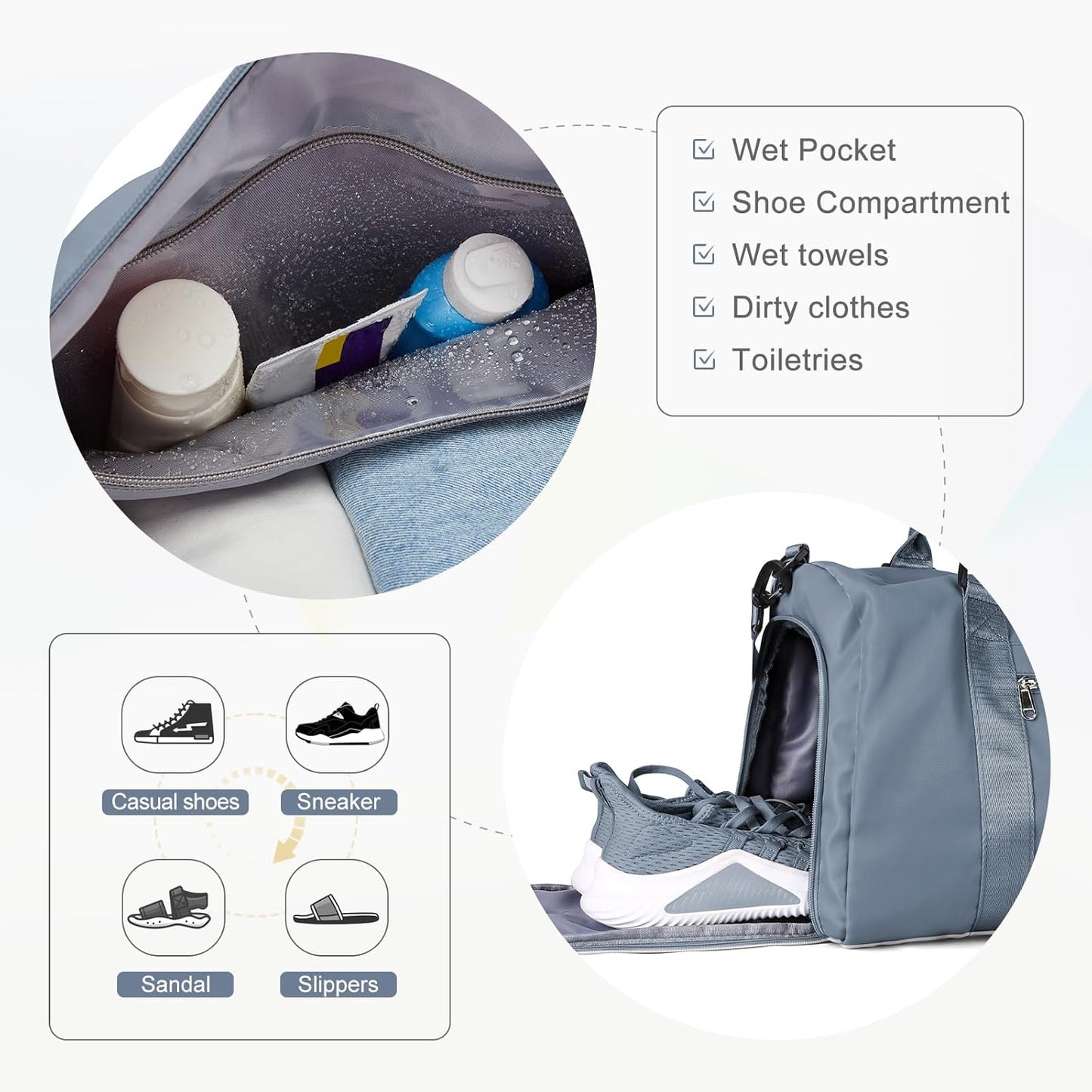Gym Bag for Women Men with Shoes Compartment,Sports Duffle Bag Personal item travel Duffel Bags Tote Bag Small Carry on Weekender Overnight Bag Workout Dance Bag Hospital Holdalls Grey Blue