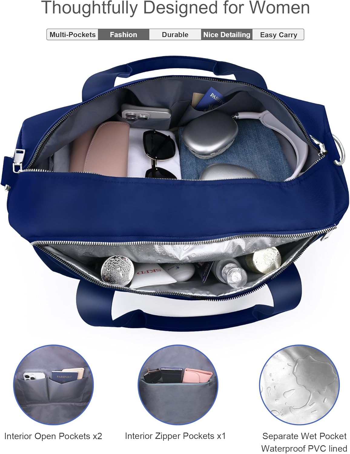 Gym Bag for Women and Men with Shoe Compartment & Wet Pocket - Duffle Bag for Travel Sports Fitness Workout Athletic, 19"-Medium, Navy Blue