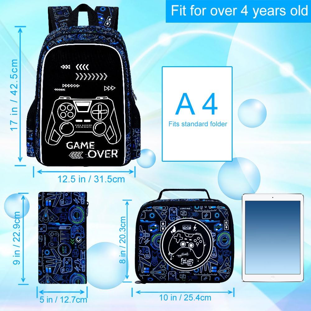 17 Inches Glow in The Dark Gamer Backpack for Boys, 3Pcs video Game School Bookbag Set for Teens, Laptop Backpacks with Lunch Bag(Blue)