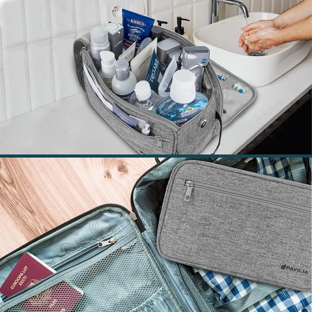 PAVILIA Toiletry Bag for Men, Travel Essentials Shaving Dopp Kit, Mens Travel Bag Toiletries Organizer Case for Grooming, PU Leather Water Resistant Cosmetic Bag Pouch (XL, Heather Grey)