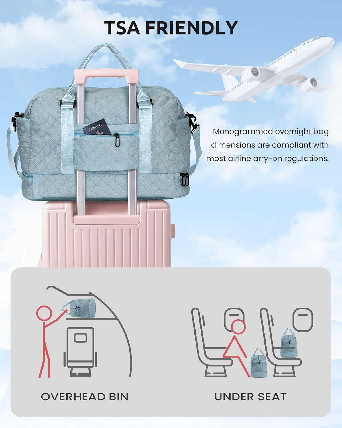 Weekend Bag | Personalized Monogram & Wet Pocket | Lady's Overnight Travel Carrier with Makeup Bag as Gift