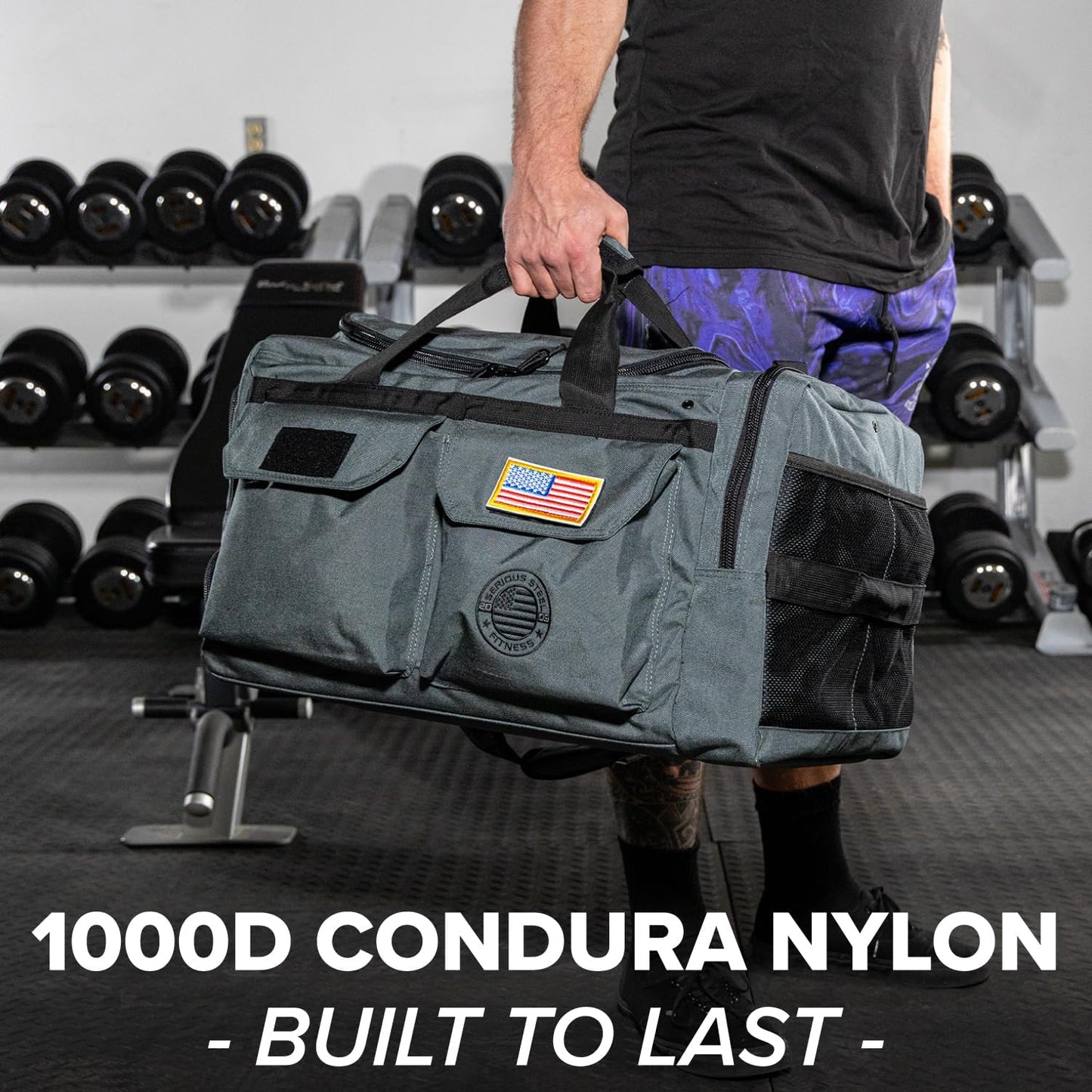 Serious Steel Fitness Gym Bag, 1000D Nylon Duffel Bag, Heavy Duty (Grey - Big Bud 2.0)