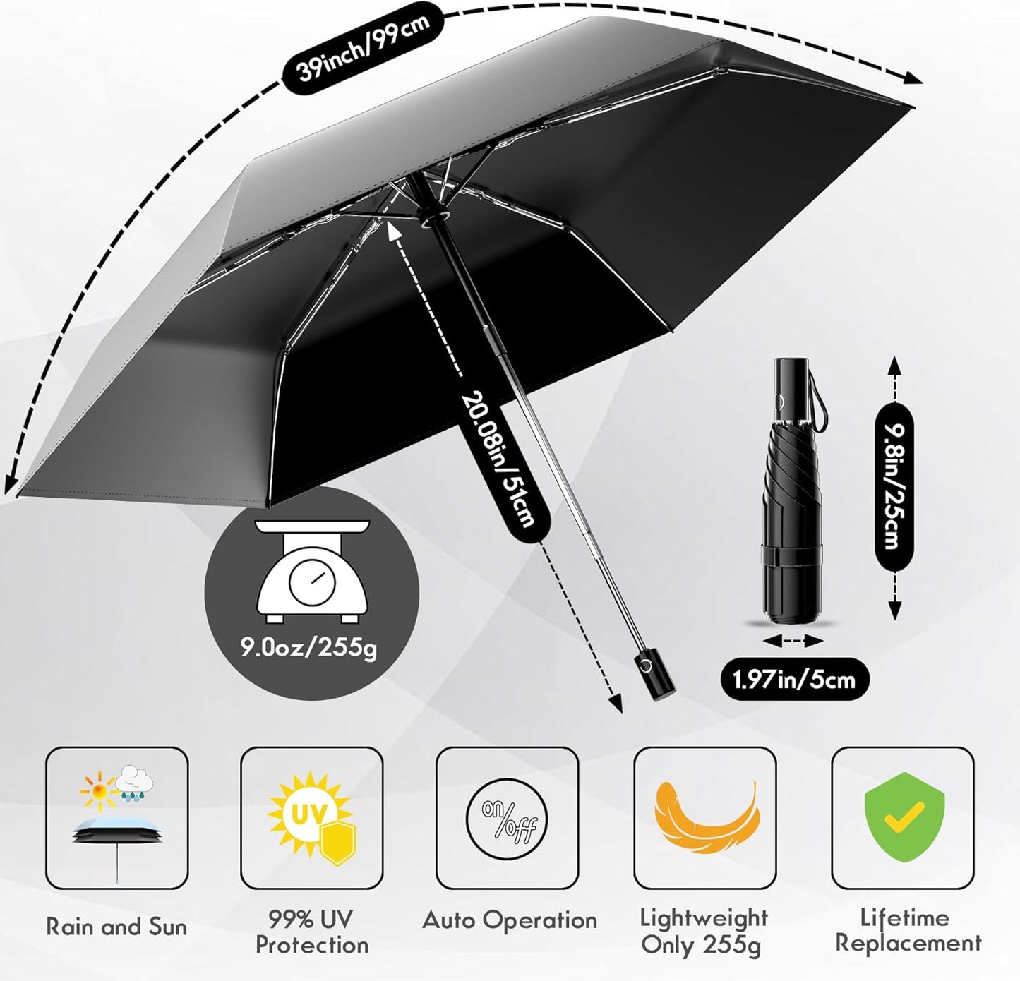 Automatic Mini Travel Windproof Folding Umbrella - UV Protection, Instant Open/Close for Rain/Sun, Small Compact Lightweight Design Fits in Tote Bag/Travel Case/Backpack for Commute, Women & Men