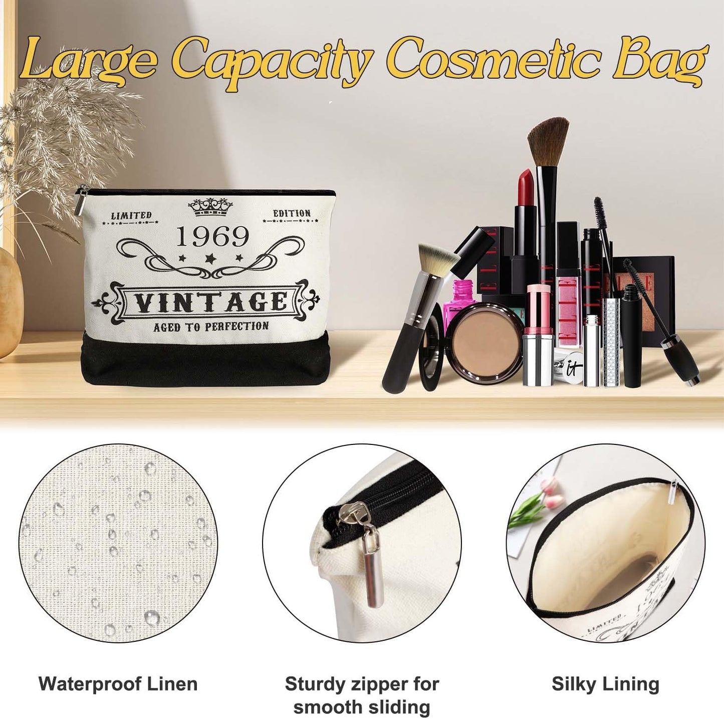 YeohJoy 56th Birthday Gifts for Women Canvas Tote Bag Travel Gear, Unique 56 Years Old Birthday Gifts for Girlfriend Sister Friends Her, Vintage 1969 Handbag & Cosmetic Bag & Back in 1969 Poster