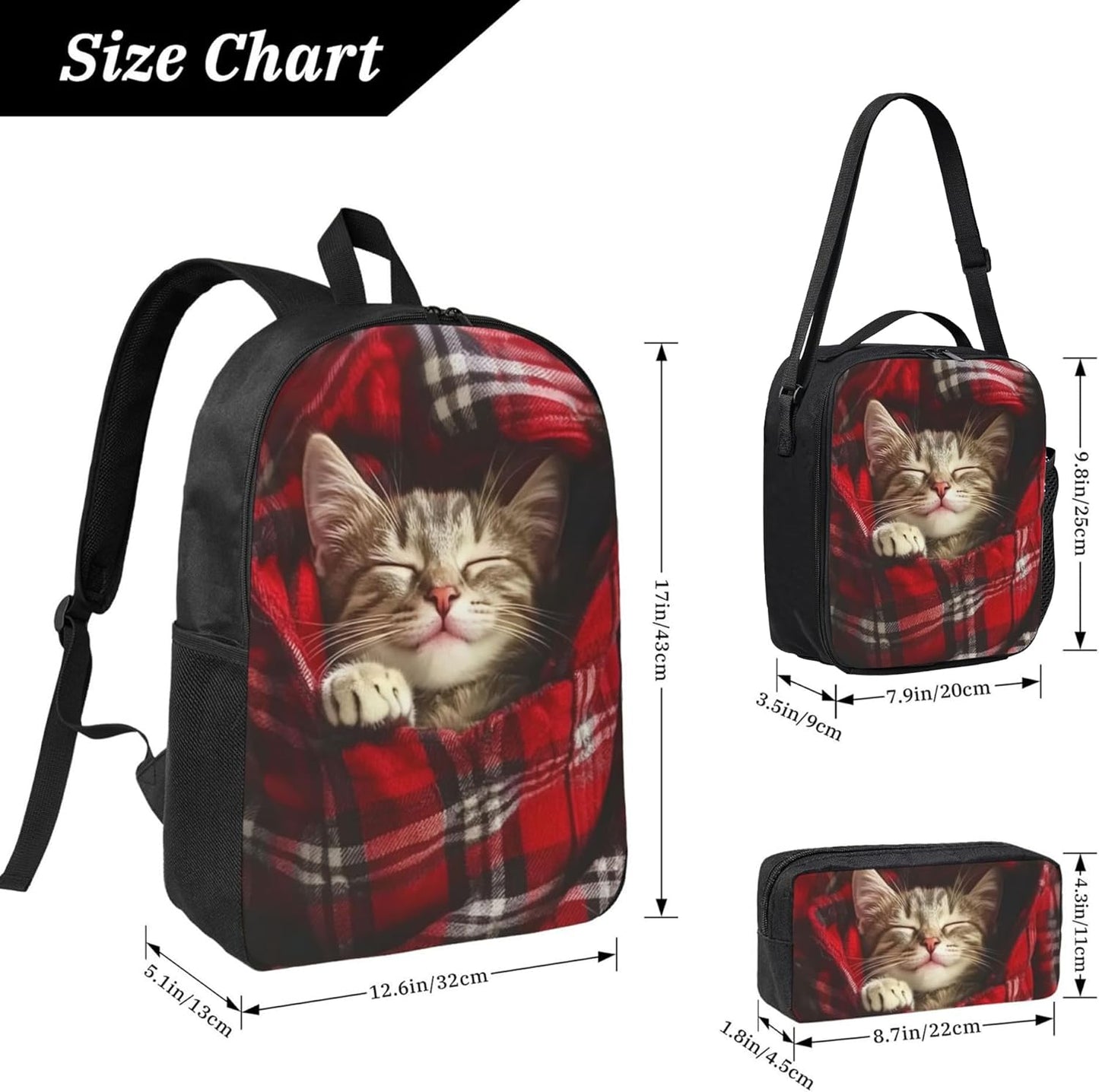 Cat Kid Backpack Set with Lunch Bag & Pencil Case Large Capacity School Bag 17 Inch Bookbag for Boy Girl