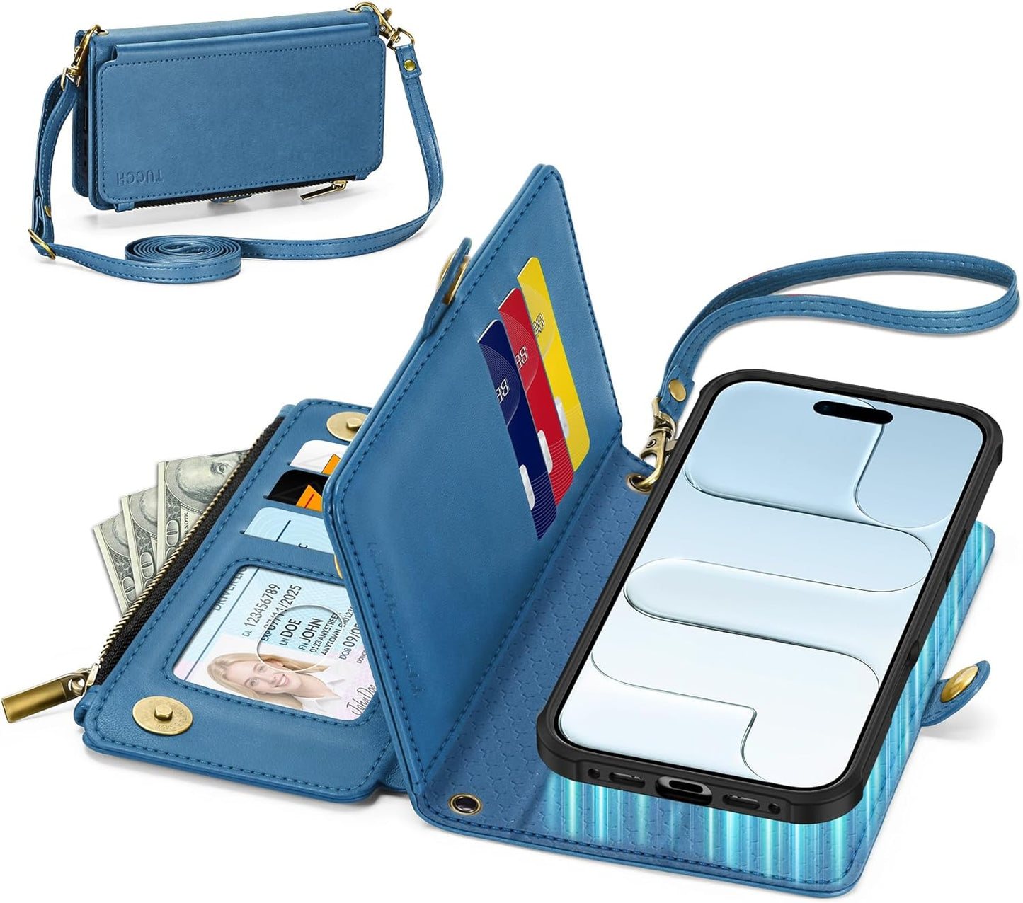 TUCCH Removable Crossbody Case Wallet for iPhone Air (6.5") 2025, Wireless Charging, RFID Blocking 9 Card Slots, Lanyard, Wrist Strap, Zipper Pocket, PU Leather, Stand Magnetic Cover, Light Blue