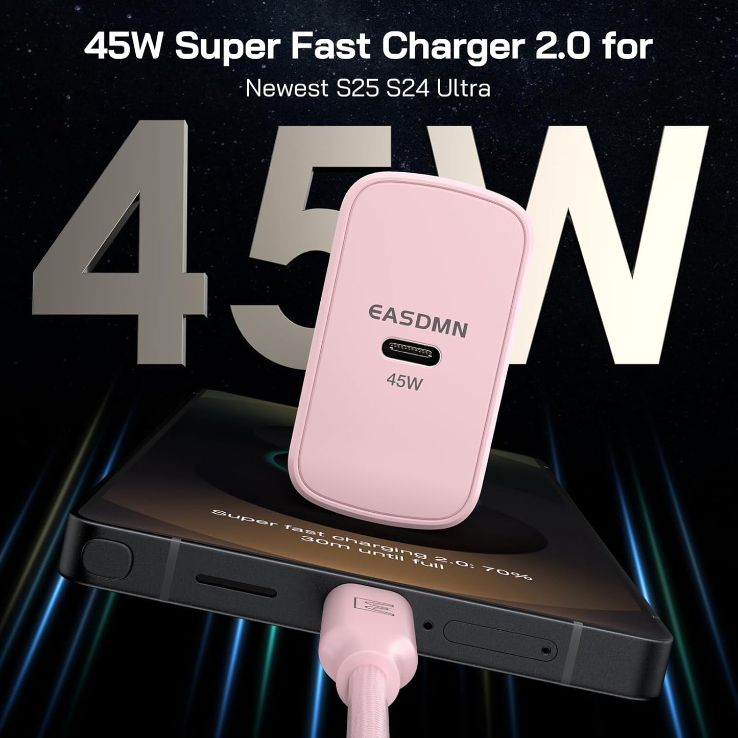 45W Super Fast Charger Type C, [2 Pack] 45 Watt USB-C Charger PD/PPS Wall Charging Block for Samsung Galaxy S25 Ultra/S24/S23 Ultra/S23+/S22 Ultra/S22+/S20 Ultra, Tab S8(Pink, with 2X 10ft Cable)