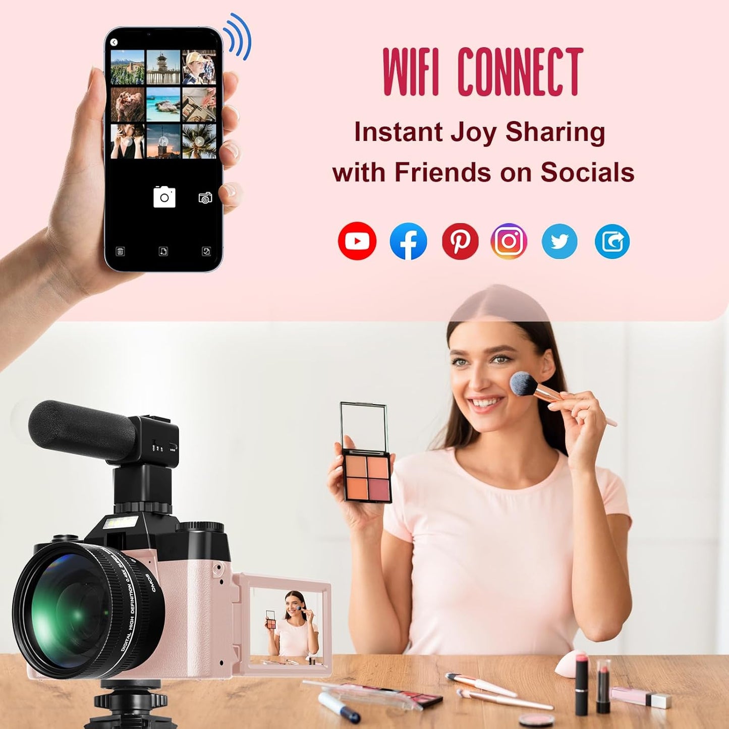 Yatao Digital Cameras for Photography and Vlogging, 6K 64MP Flip Screen, Dual Lens, Microphone for Video, 64GB TF Card, Compact Photo WiFi Camera for YouTube Kit Travel, Beginners (Pink)