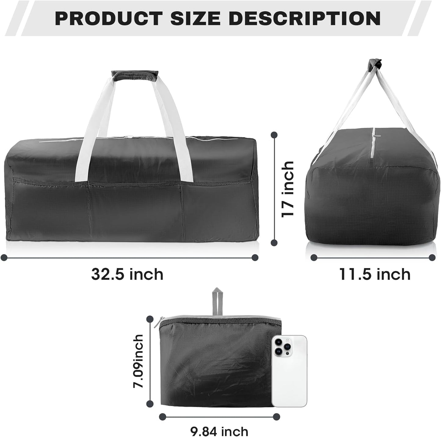 125L Foldable Duffel Bag, Lightweight and Waterproof for Travel - Black
