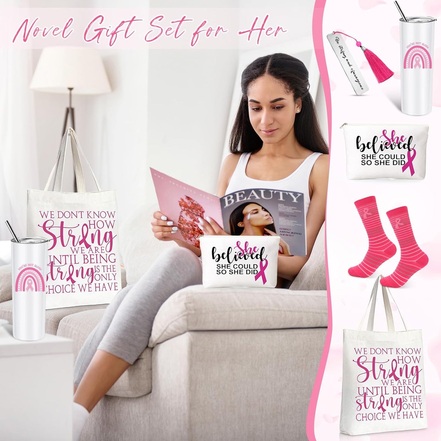 Silkfly 5 Pcs Book Lovers Gifts Set, Gifts for Book Lovers, Includes 20 oz Wine Tumbler Socks Bookmark Tote Bag and Cosmetic Bag (Pink Ribbon)