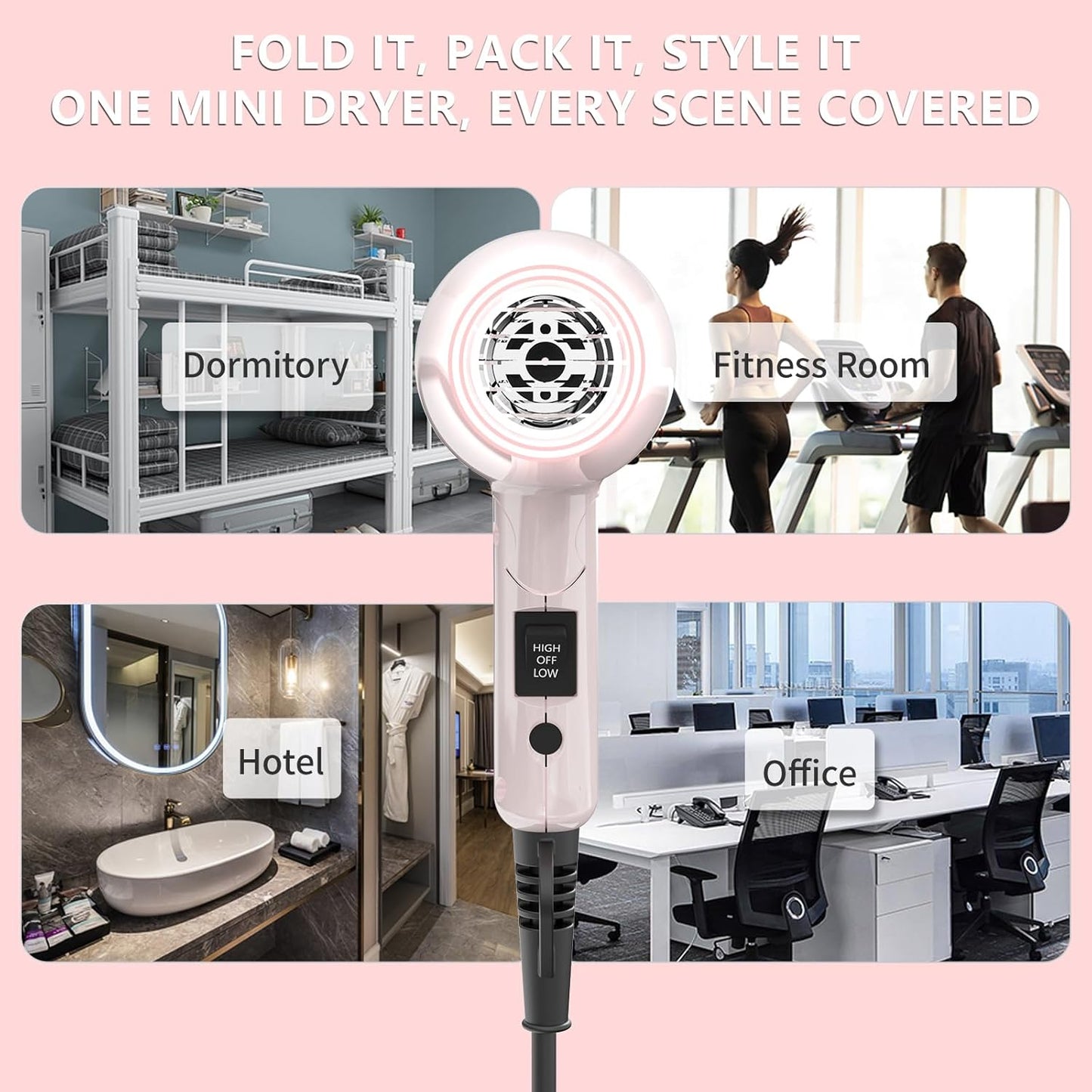 LURA Smart Dual Voltage HairDryer: Mini Travel Hair Dryer for Women,1200w Small Portable Blow Dryer with Pouch for Gym(Pink)