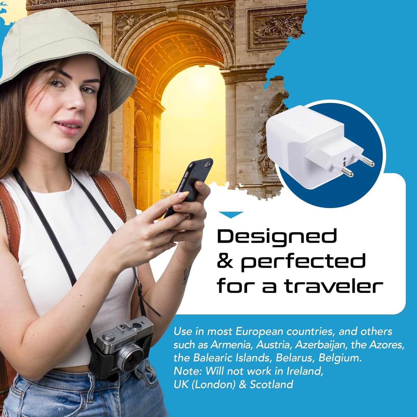 Ceptics European, Egypt Travel Adapter Plug with Dual USB - Type C - Europe - Usa Input - Light Weight - Perfect for Cell Phones, Chargers, Cameras and More - 2 Pack