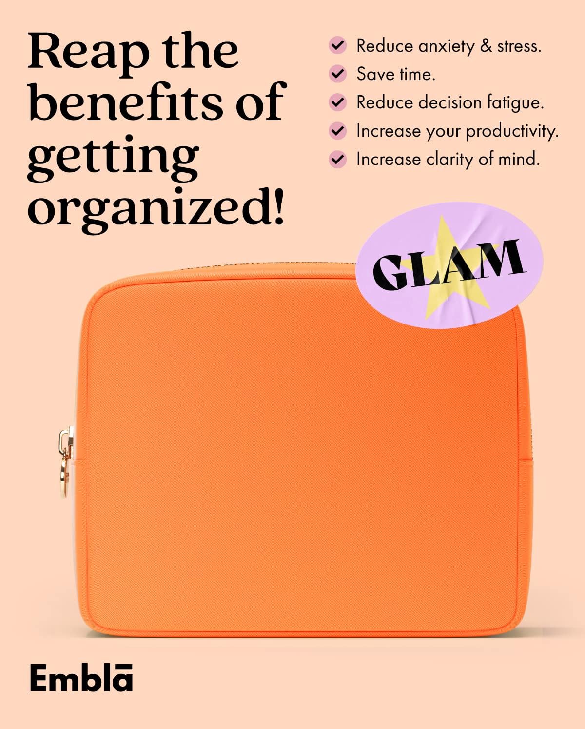 Embla Makeup Bag Travel Cosmetics Pouch and Toiletry Bag, Nylon Zipper Pouch Purse, Cute Make Up Organizer Storage Tote for Women Girls, Waterproof Travel Skincare Case, Large Makeup Bags, Peach