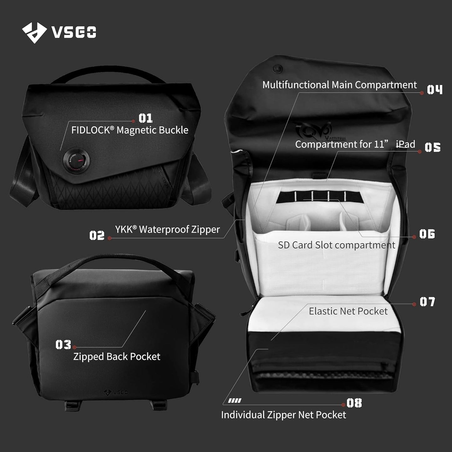 VSGO 6L Waterproof Camera Sling Bag, Single-Shoulder Messenger Bag for DSLR/SLR Cameras, Daily Commute, and Drone Photography