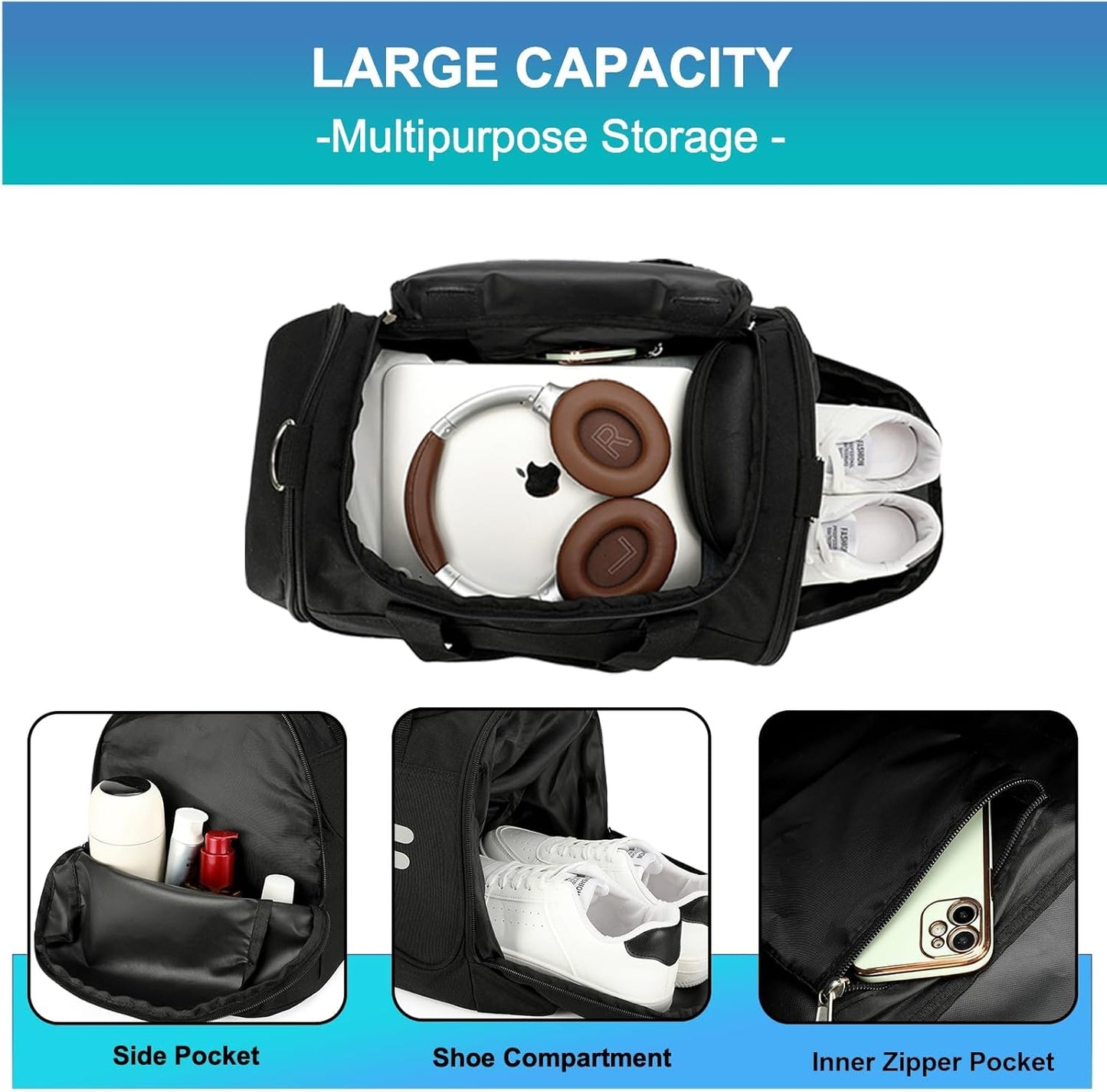 Urbanstand Gym Bag for Men & Women - 40L Duffel Bag with Shoe Compartment, Carry On Weekender Water Resistant Duffle Bag for Travel, Sports, Fitness & Workout, Black