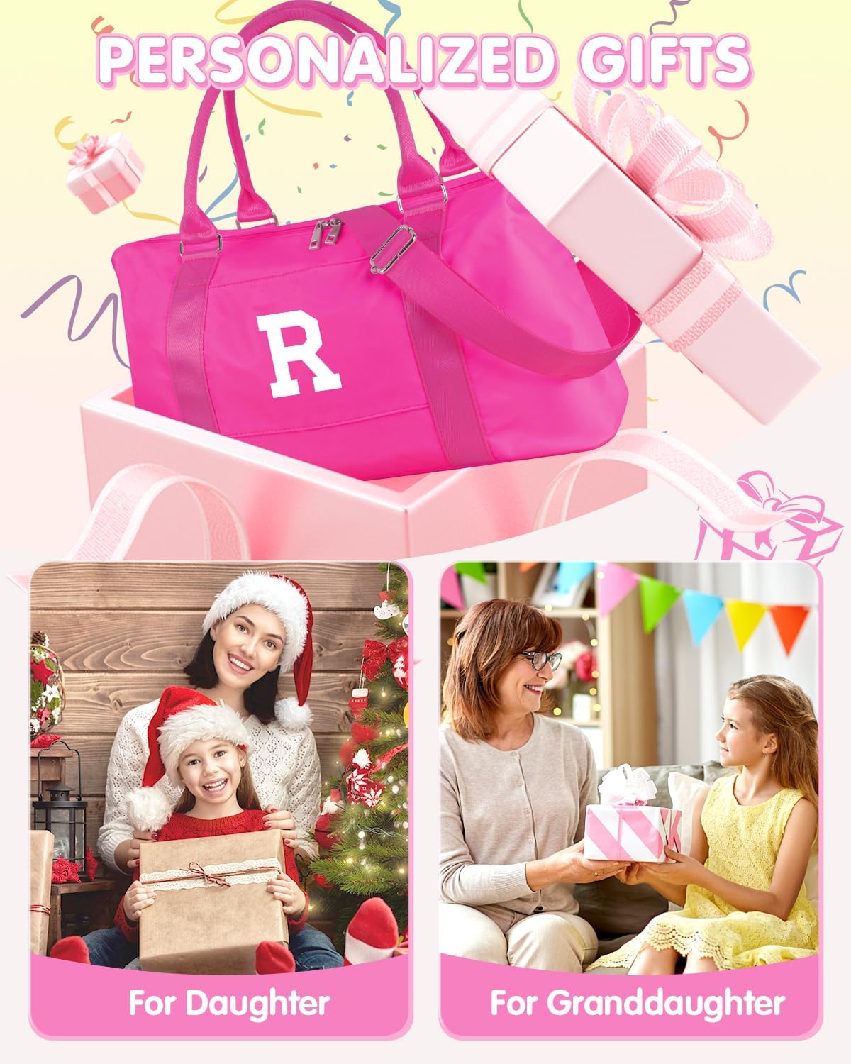Overnight Bag for Kids Teen Girls Weekender Dance Bag Birthday Graduation Gifts,Initial Travel Duffel Bag Sports Gym Bag Personalized Weekender Bag Carry On Bags Preppy Gifts for Women(Hot Pink, R)