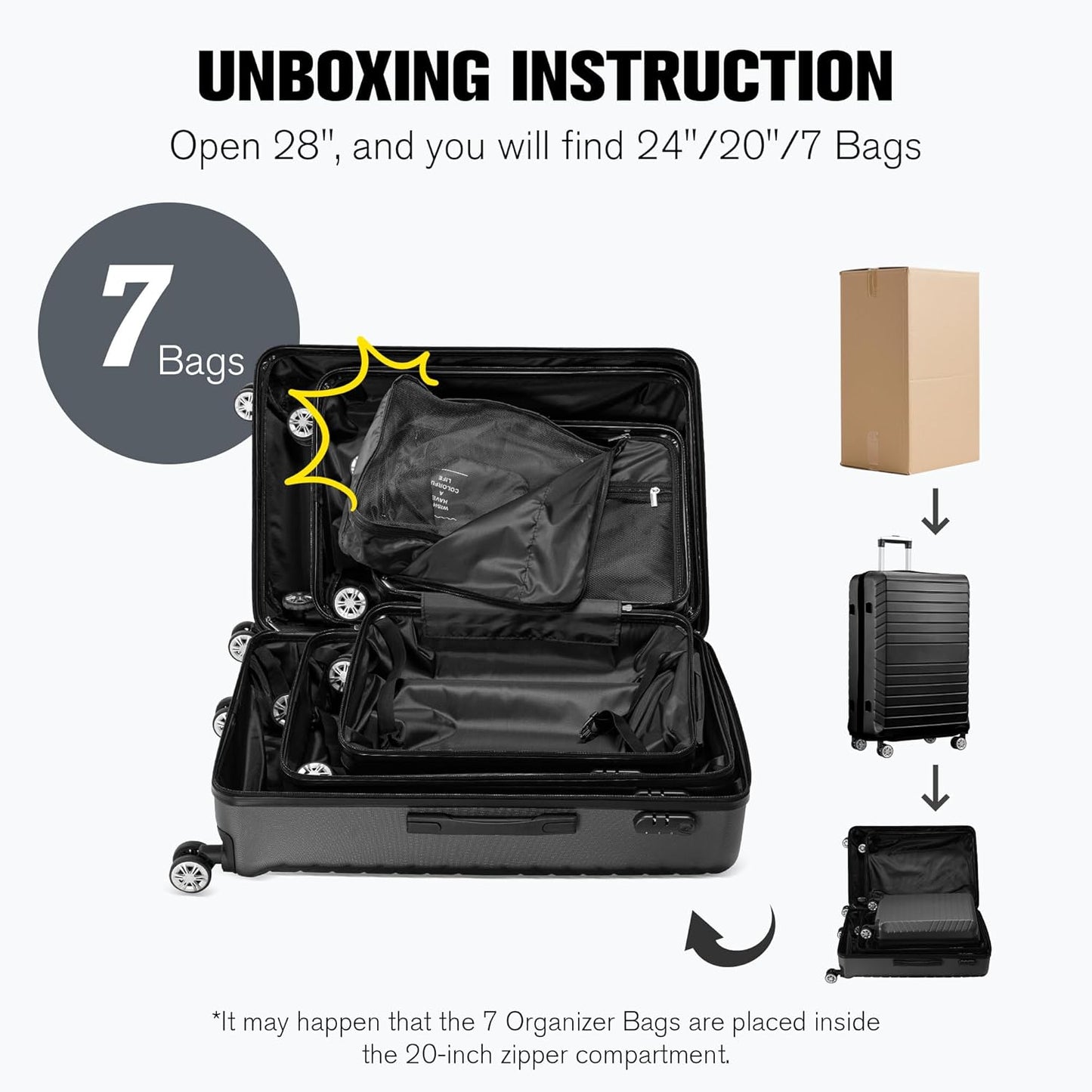 10 Piece Luggage Sets, 3 Piece Suitcase Set, 20 inch Carry on Luggage, 24 inch and 28 inch Checked Luggage with 7PC Packing Bags