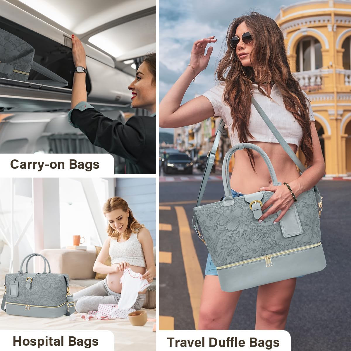 Leather Weekender Bags for Women, Travel Duffel Bag PU Overnight Bag Carry On Tote Bag with Shoe Compartment Wet Pocket