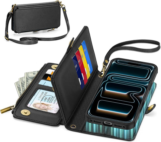 TUCCH Crossbody Detachable Wallet Case for iPhone 17 Pro Max 6.9" 2025, 10 Card Slots RFID Blocking | Wireless Charging | Wrist Strap | Lanyard | Stand | Zipper Pocket | PU Leather Phone Cover | Black