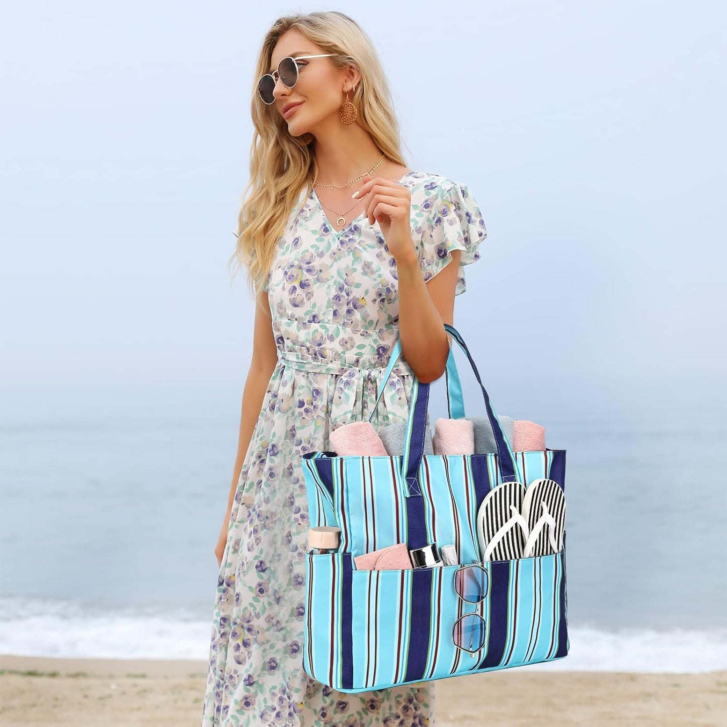 LEDAOU Beach Bag Waterproof Sandproof Women Tote Bag Pool Bag with Zipper for Gym Grocery Travel with Wet Pocket