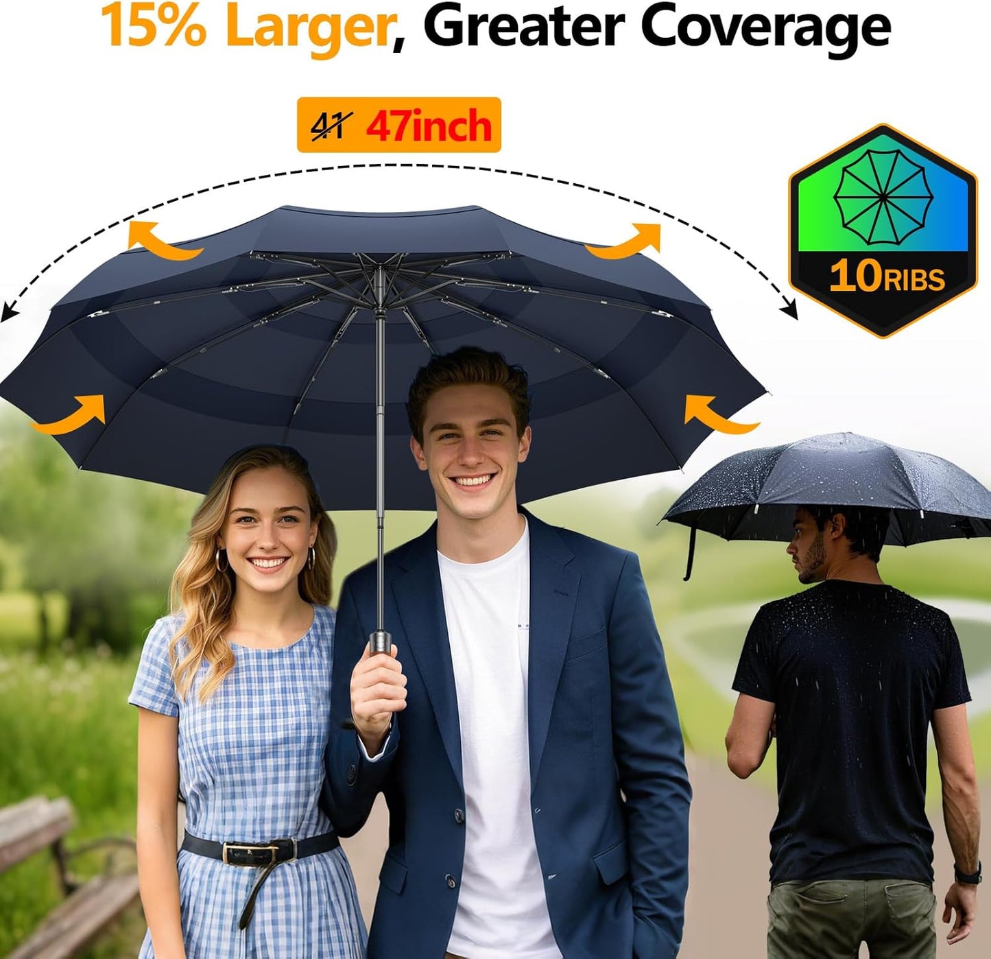 Umbrella Strong Windproof, Triple-Layer Canopy, 10 Fiberglass Ribs, Auto Open/Close, Wooden Handle, Sleeve with Anti-Loss Hook, Umbrellas for Travel & Commute & Daily Use & Gift