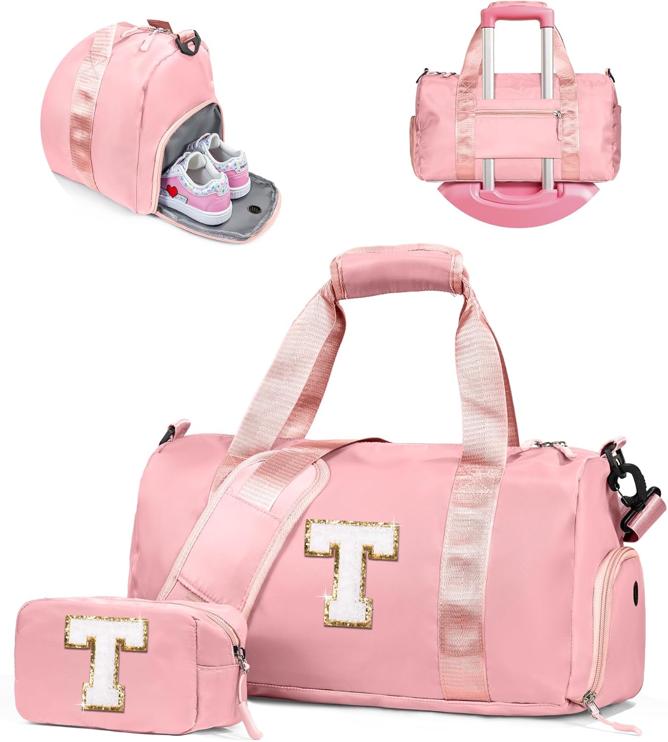 Gifts for Teens Girls-Girl Gym Bag with Shoe Compartment, Kid Personalized Weekender Overnight Bags, Initial Travel Tote with Makeup Pouch, Gift for 3 4 5 6 7 Year Old Kids (Letter T)