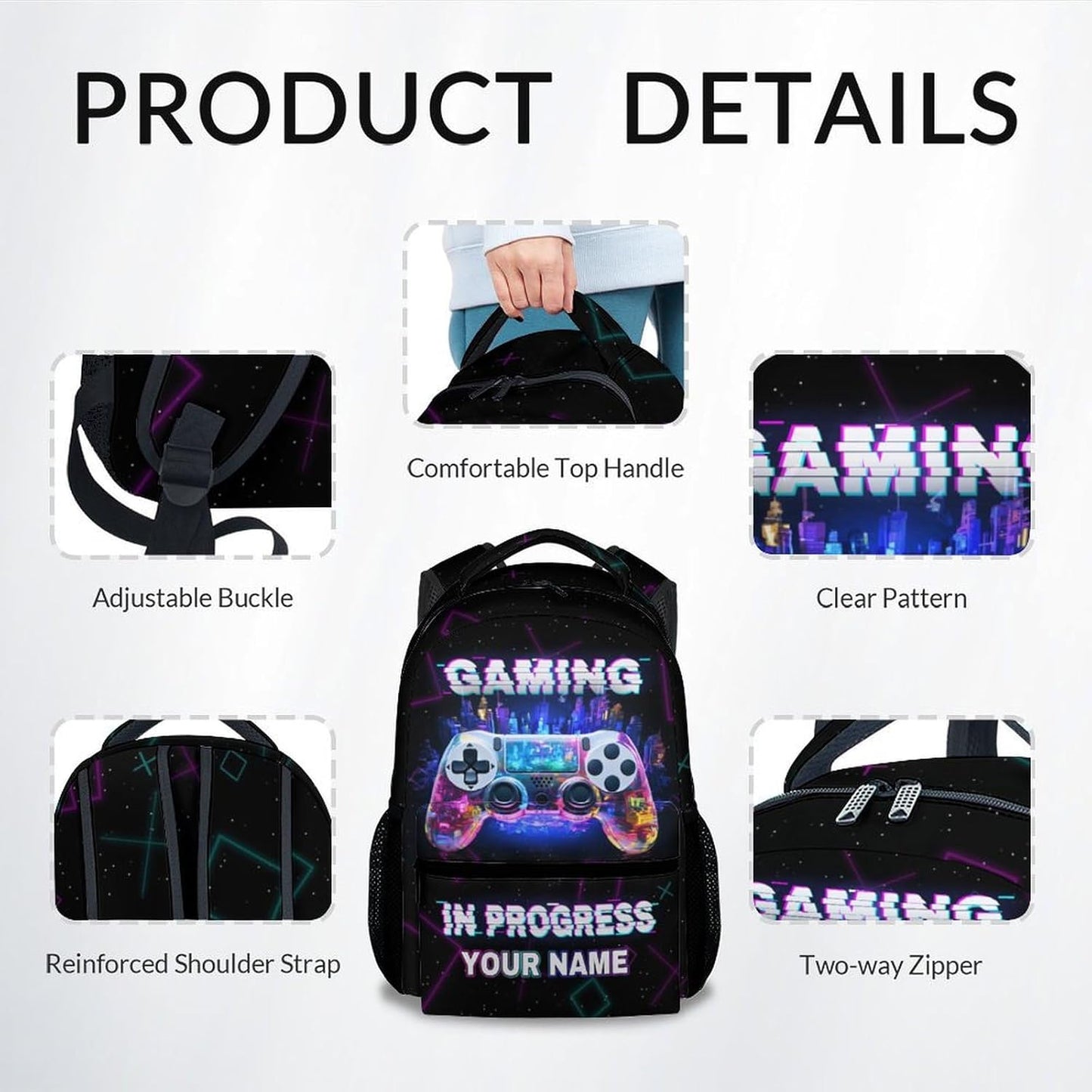 COZYAURA Personalized Backpack - 17 Inch Large Capacity Gamer Bookbag - Lightweight Kids' Gamepad Backpacks for Elementary & Travel