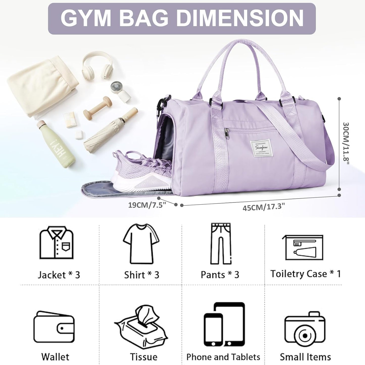 Gym Bag for Women Men with Shoes Compartment,Sports Duffle Bag Personal item travel Duffel Bags Tote Bag Small Carry on Weekender Overnight Bag Workout Dance Bag Hospital Holdalls Light Purple
